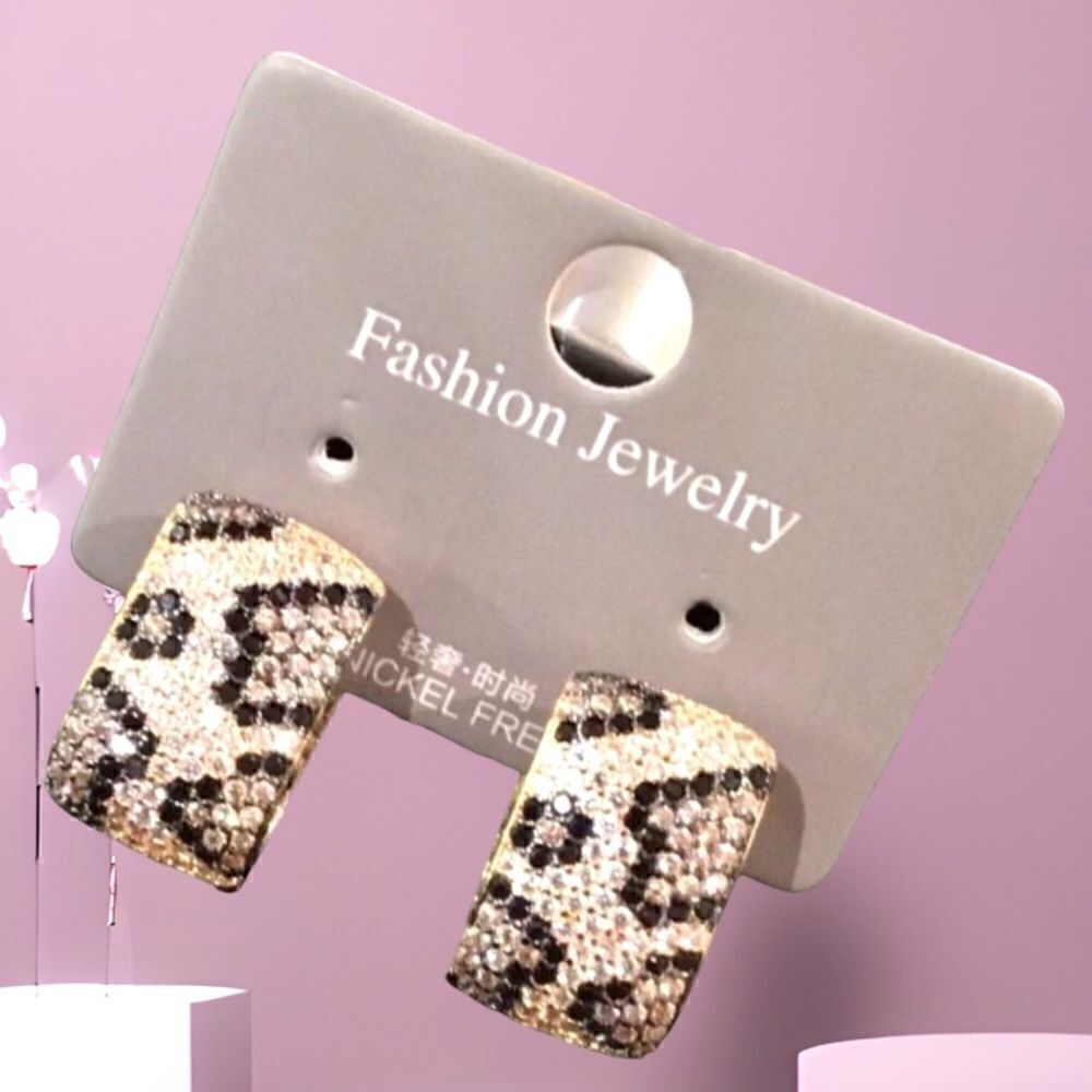 LEOPARD PRINTS PAVE 14K GOLD PLATED HOOP EARRINGS SMOKY AND BLACK DIAMONDS